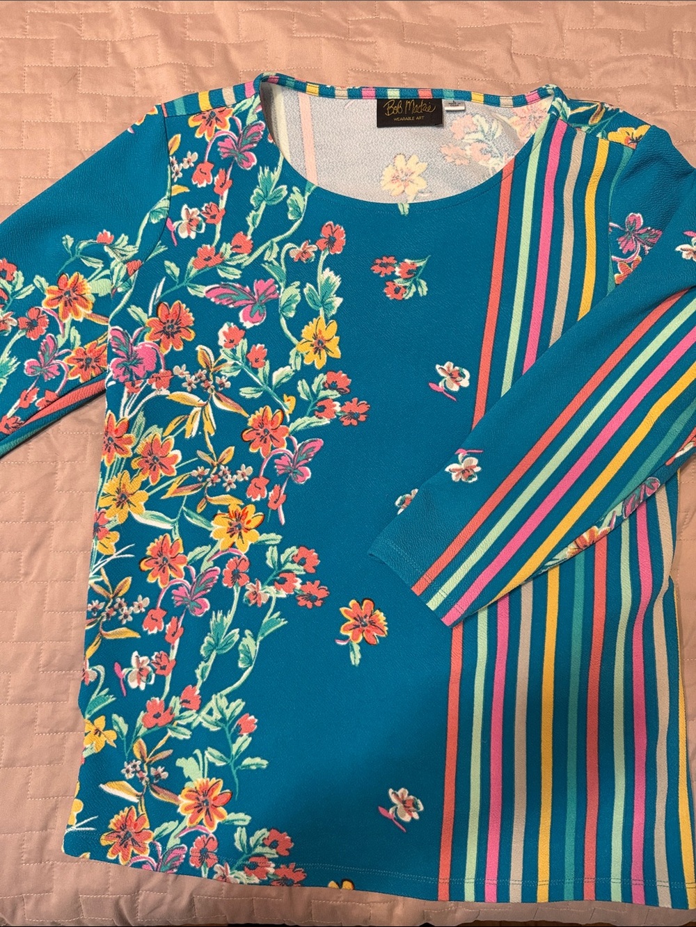 Bob Mackie Teal Floral & Stripe Mixed-Print Top